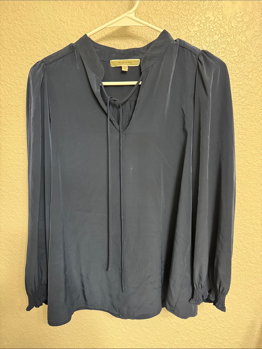 Pleione Navy Tie-Neck Long Sleeve Blouse
